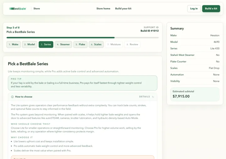 BestBale kit builder on a desktop browser. Step 3 of 8 asks the customer to pick a series. A summary lists the make, model, choices, and an estimated subtotal.