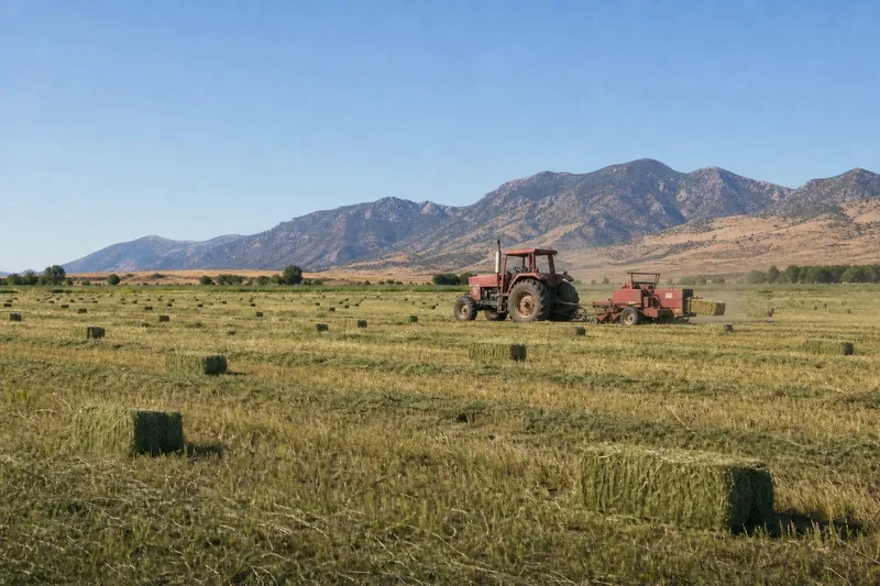 A tractor pulls a baler across a hay field. Square bales lie on the ground and mountains rise behind the field.
