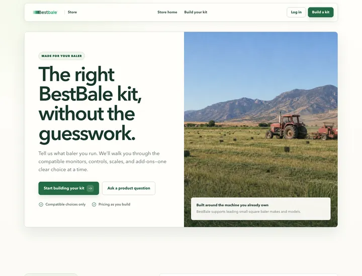 BestBale store home page on a desktop browser. The headline reads The right BestBale kit, without the guesswork, beside a photo of a baler in a field.