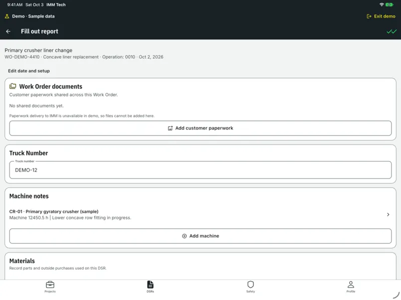 IMM field app on an iPad in landscape demo mode. The same report form uses the wider screen.