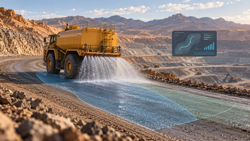 AI concept illustration, not a photograph: a yellow water truck sprays a mine haul road. A blue outline marks a watering zone on the road.