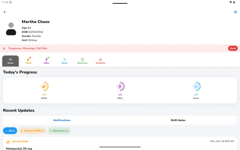 QVR Android tablet demo with sample data. A resident record shows a fall-risk warning, tabs for medications, daily living, goals, behaviors, and incidents, and progress rings for today.
